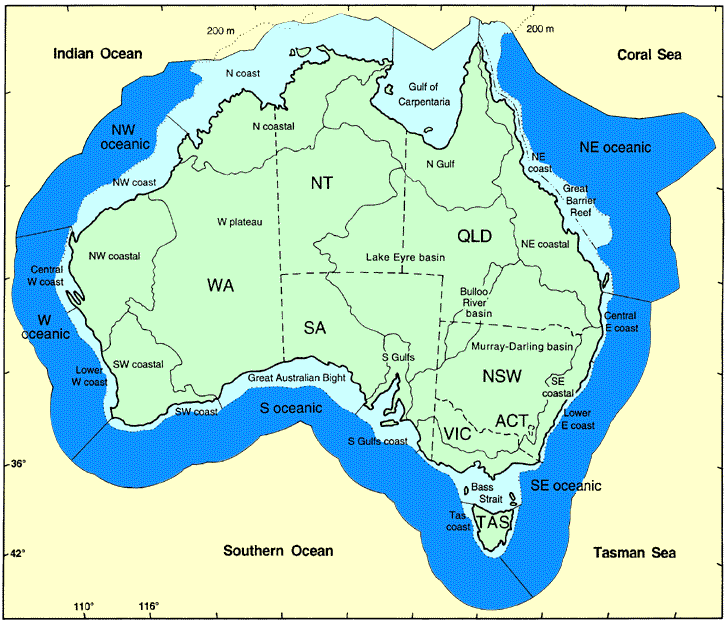 Australian political regions, drainage basins and marine zones